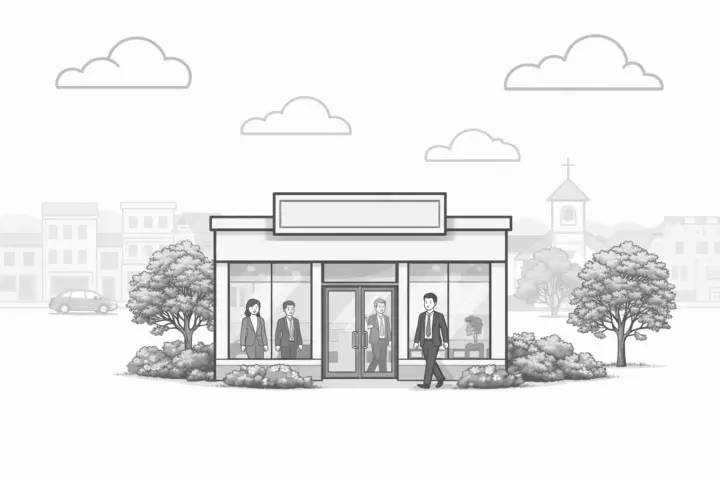 Couple driving a car through a small-town community with trees and local buildings