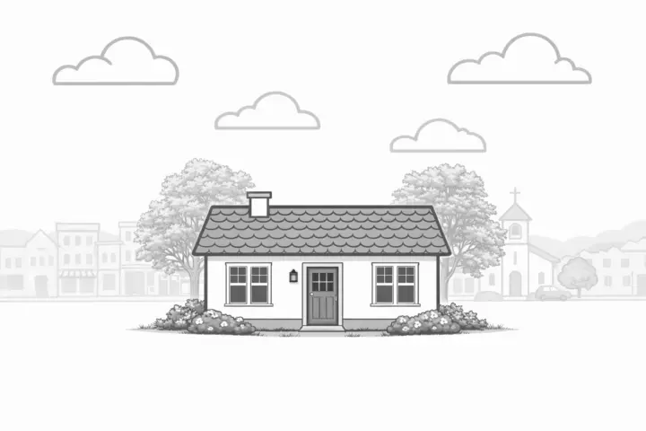 Couple driving a car through a small-town community with trees and local buildings